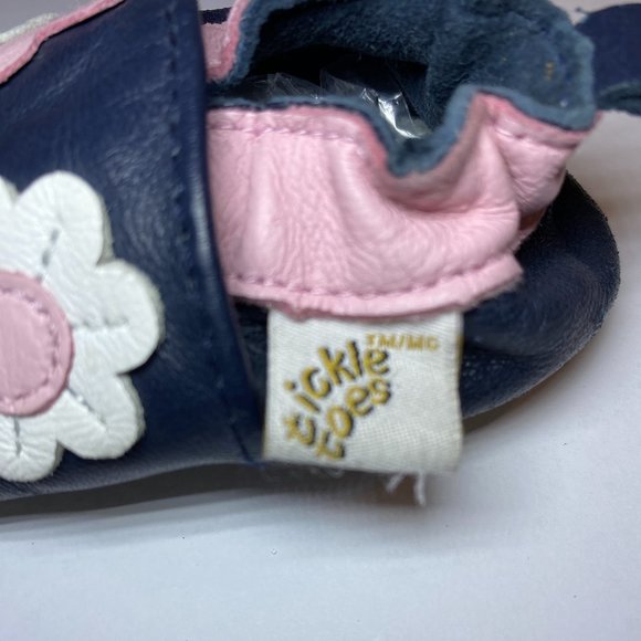 Baby Leather Slippers Floral Navy Blue & Pink 0-6 months - Picture 3 of 5